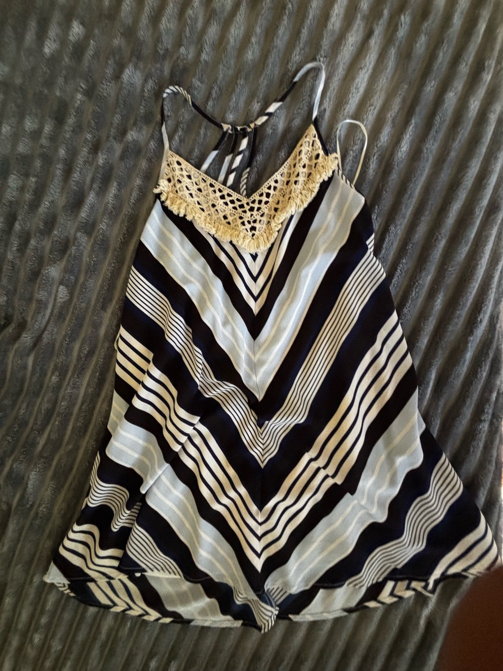 Striped Navy and White Crochet-Trim Mini Swing Dress